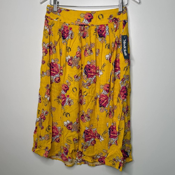 NWT Modcloth Women's Horseshoes and Flowers Skirt Yellow Pink Size 8 - Picture 1 of 5